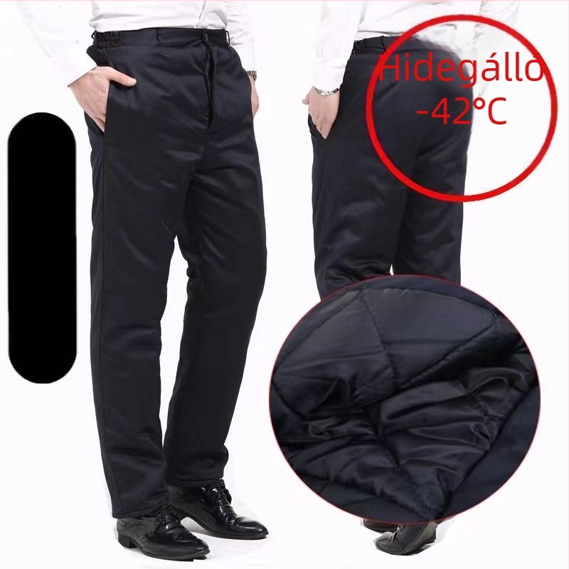 Férfi téli kabát és nadrágszett műbőrből, vastag tömés, selyem-pamut töltet, tél 2025