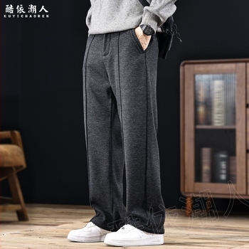 Old Money stílusú férfi sportnadrág juhgyapjú fleece-béléssel, vastag, egyenes szabás, nagy méret
