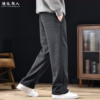 Old Money stílusú férfi sportnadrág juhgyapjú fleece-béléssel, vastag, egyenes szabás, nagy méret