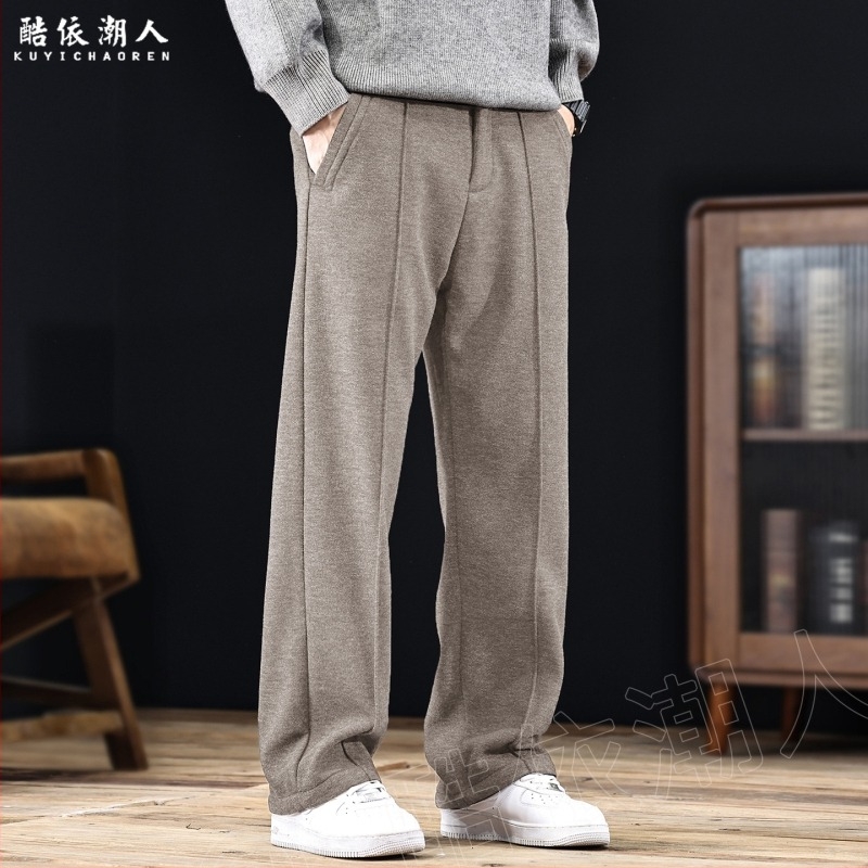 Old Money stílusú férfi sportnadrág juhgyapjú fleece-béléssel, vastag, egyenes szabás, nagy méret