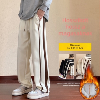 Fleece-béléses Casual nadrág, egyenes szabású, középső derekú, csíkos mintázat, téli viselet