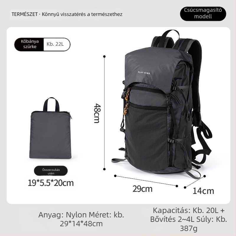 Nylonból készült túrahátizsák, ultra könnyű, bővíthető, csökkenti a terhelést, tárolható (anyag: nylon; hordozórendszer: ívelt vállpánt)