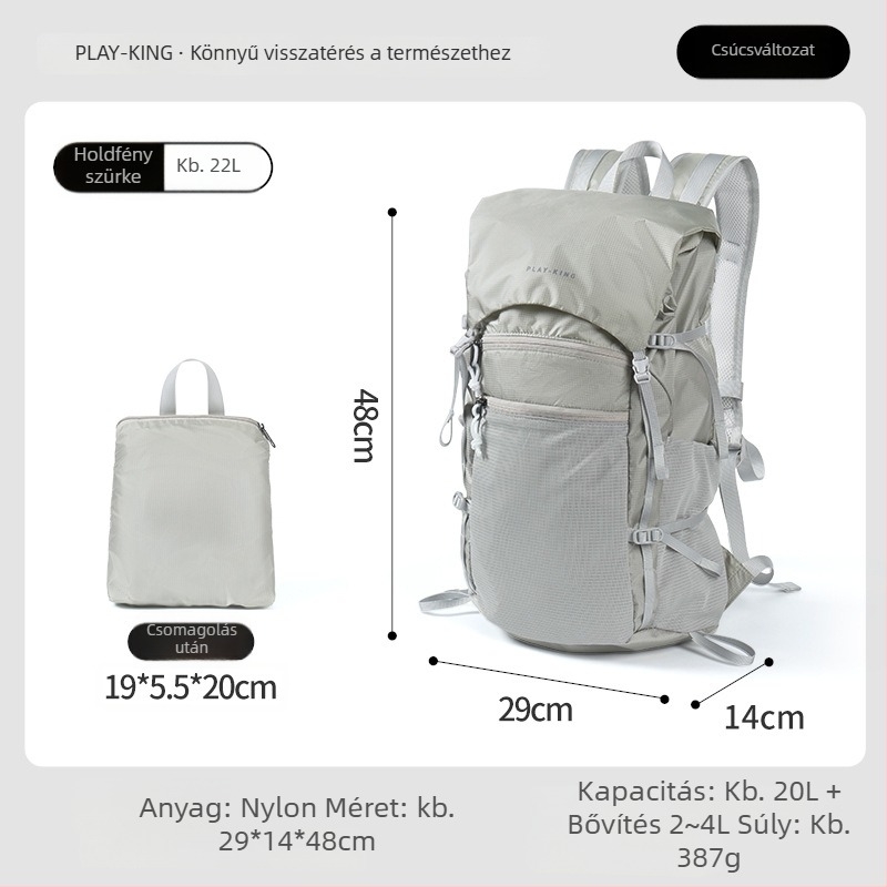 Nylonból készült túrahátizsák, ultra könnyű, bővíthető, csökkenti a terhelést, tárolható (anyag: nylon; hordozórendszer: ívelt vállpánt)