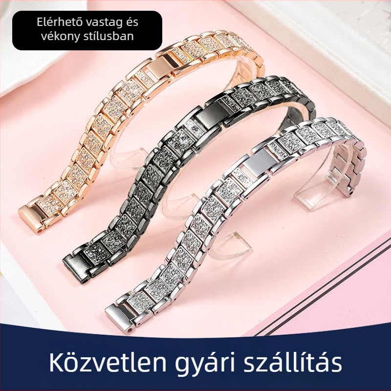 Fém óraszíj három gyöngyös teljes gyémánt díszítéssel, kompatibilis az Apple Watch S10 és Huawei GT345 modelllekkel, 50 g, interfész szélesség 14/20 mm, csatt Snap.