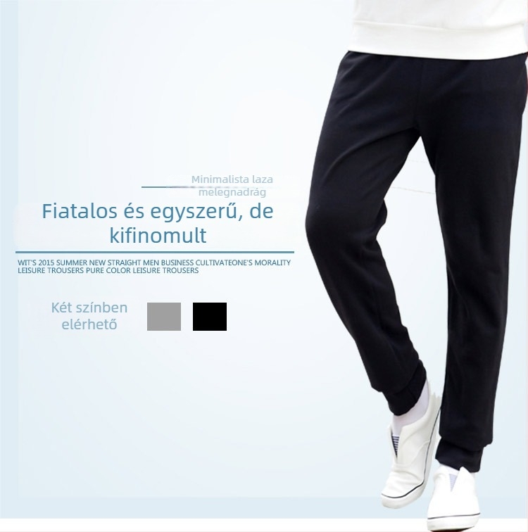 Férfi sportos-napirend nadrág, laza szabású, egyenes szár, középmagas derék, zsinórzárás, egyszínű, több zseb (anyag: combed cotton; fő anyag: 80% pamut; derék: középmagas; zárás: zsinór; zsebek: több)