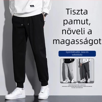 Laza pamut kötött sportnadrág, magas derékkal, öv- és kötészárással, lélegző, nedvesség-szívó, egyenes szabású, több zseb