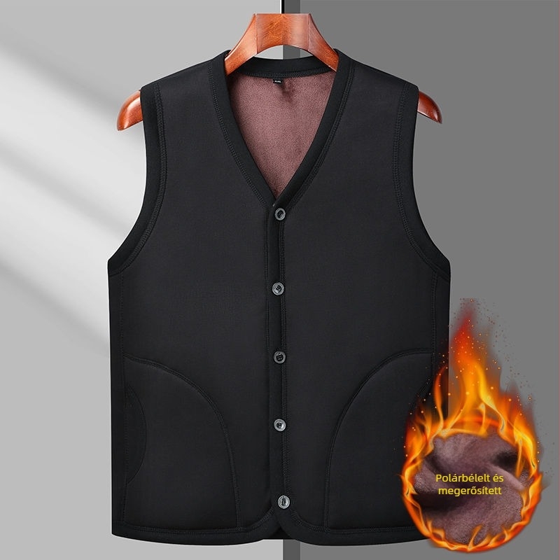 Őszi pamut mellény fleece-l bélelt, V-nyakú, egygombos elülső zár, patch zsebek