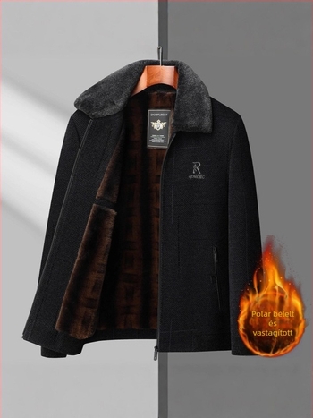 Idős férfiak Chenille dzsekje vastag fleece bélés és prémes gallér, cipzár, téli külső ruházat; külső anyag 85% poliészter, bélés 90% poliészter