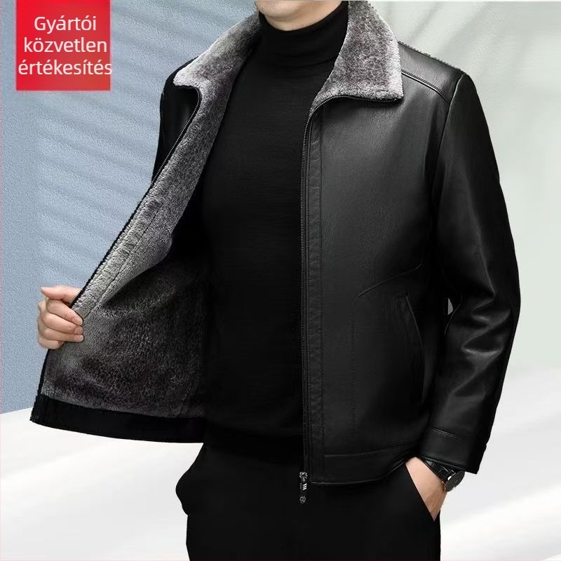Férfi bőrdzseki nyúl szőrrel bélelt, corduroy anyag, kapucni, lazán szabott, téli vastagítás
