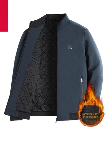 Férfi téli dzseki magas gallérral, fleece-béléssel, poliészter, cipzáras zsebek, egy soros gombolás
