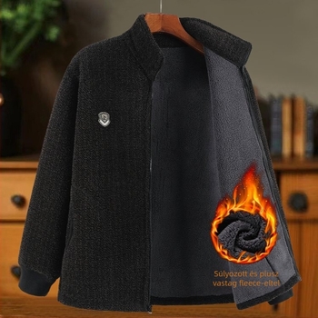 Férfi téli kabát fleece-béléssel, vastag meleg, laza szabású, álló gallér, hosszú ujjak, egysoros záródás