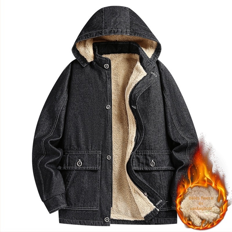 Férfi denim dzseki kapucnival – téli szezonra, vastag és meleg, álló gallér, egysoros patentos zárás, 3D patch zsebek
