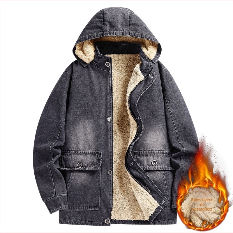 Férfi denim dzseki kapucnival – téli szezonra, vastag és meleg, álló gallér, egysoros patentos zárás, 3D patch zsebek