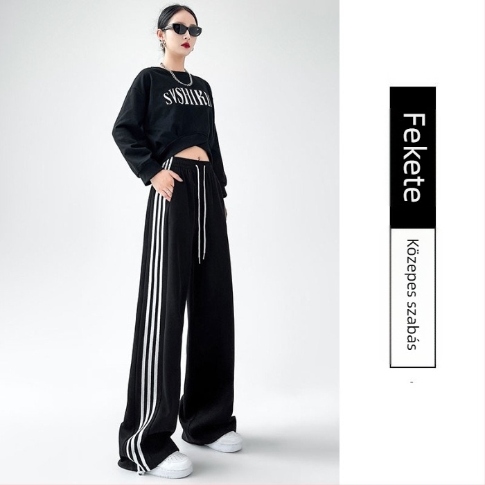 Női széles lábú nadrág, magas derék, húzózsinór, egyenes szabás, poliészter-spandex keverék