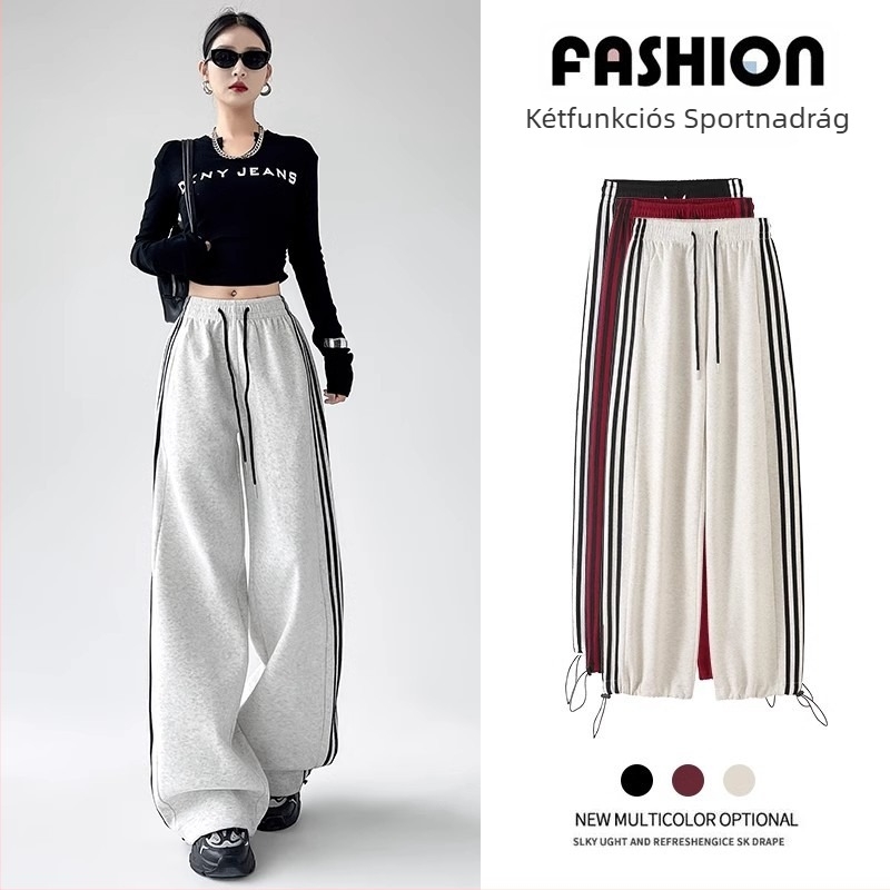 Női széles lábú nadrág, magas derék, húzózsinór, egyenes szabás, poliészter-spandex keverék