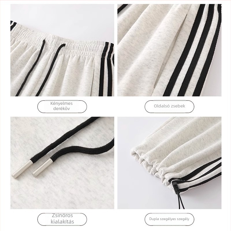 Női széles lábú nadrág, magas derék, húzózsinór, egyenes szabás, poliészter-spandex keverék