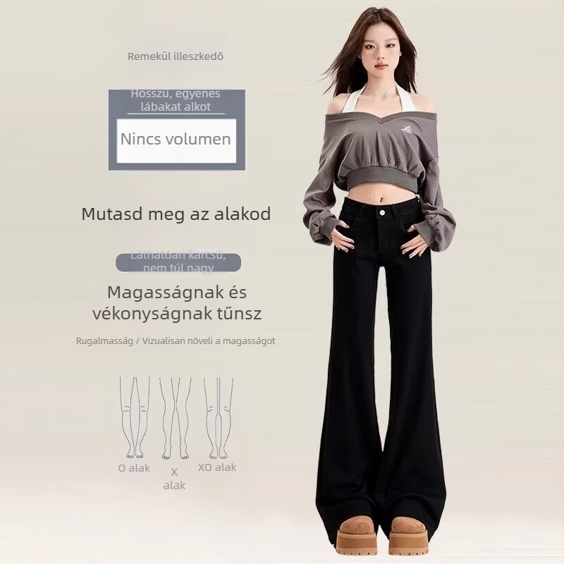 Női denim farmernadrág, magas derekú, bootcut fazon, fleece-betétes belső, széles szárú, közepes vastagság