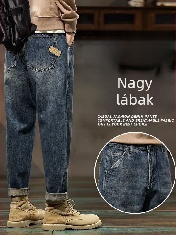 Férfi farmernadrág, 65% pamut denim, középmagas derék, vintage mosás, zsebdíszítés, cipzáras zárás