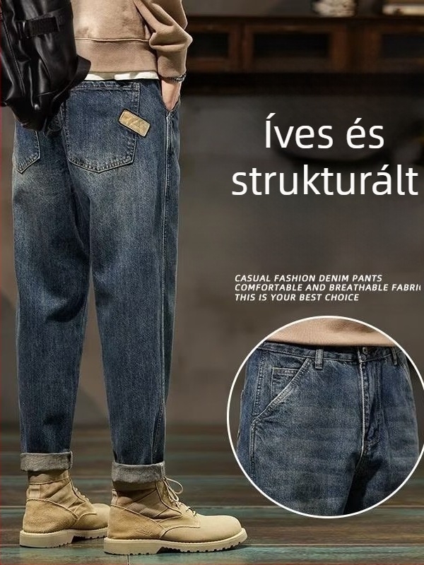 Férfi farmernadrág, 65% pamut denim, középmagas derék, vintage mosás, zsebdíszítés, cipzáras zárás