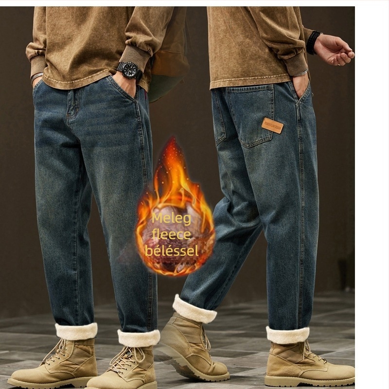 Férfi farmernadrág, 65% pamut denim, középmagas derék, vintage mosás, zsebdíszítés, cipzáras zárás