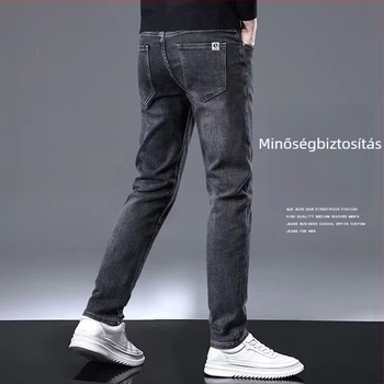 Férfiaknak lazán illeszkedő egyenes szabású denim farmernadrág, pamut anyag, középmagas derék, cipzár, hossz 9/10