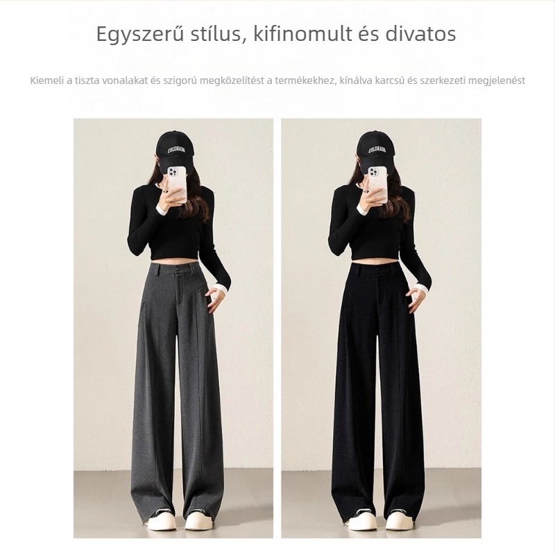 Női magas derekú casual nadrág, egyenes szabású, laza fazon, poliészter–viszkóza keverék, mikroelaszticitás