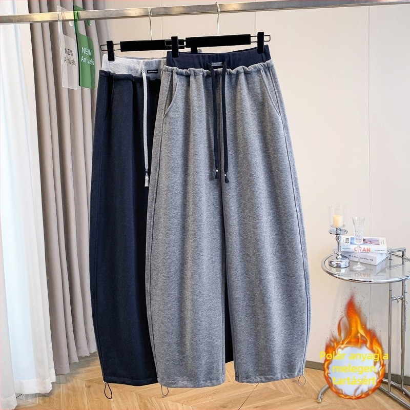 Női koreai stílusú téli nadrág fleece béléssel, egyenes szabás, magas derék, pamutanyag