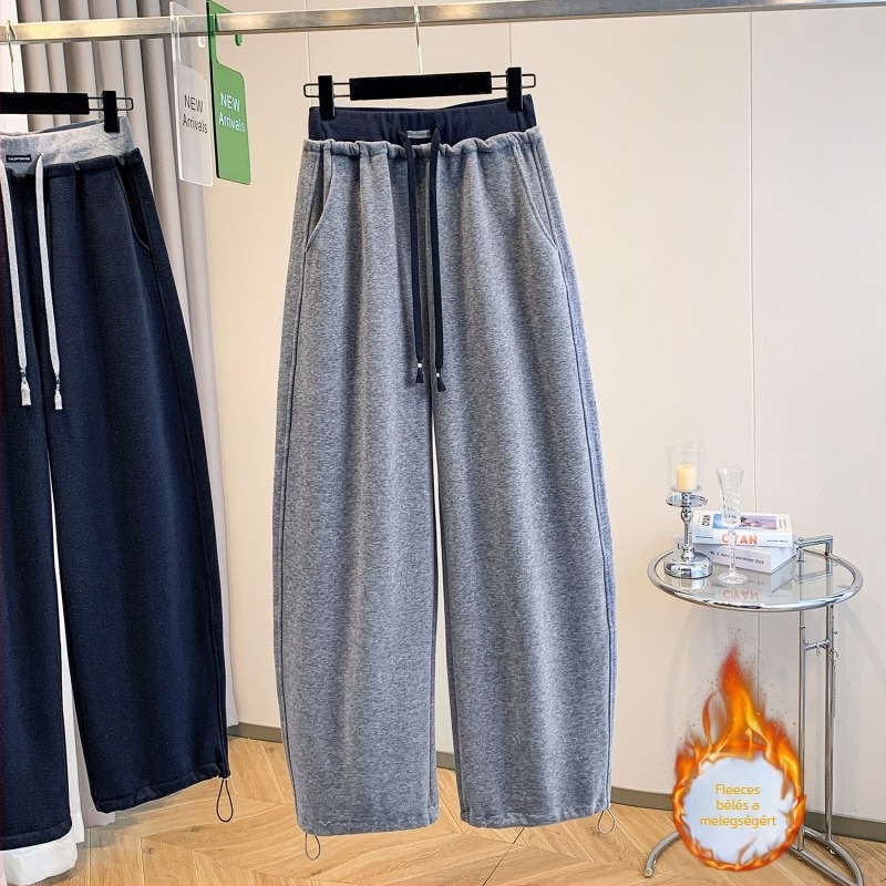 Női koreai stílusú téli nadrág fleece béléssel, egyenes szabás, magas derék, pamutanyag