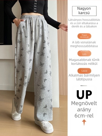 Casual nadrág – magas derék, egyenes szárú, hosszú, pillangó csomó mintás virágos (50-70% viszkóz; spandex)
