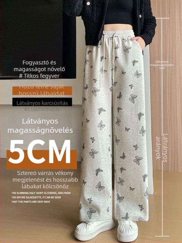 Casual nadrág – magas derék, egyenes szárú, hosszú, pillangó csomó mintás virágos (50-70% viszkóz; spandex)