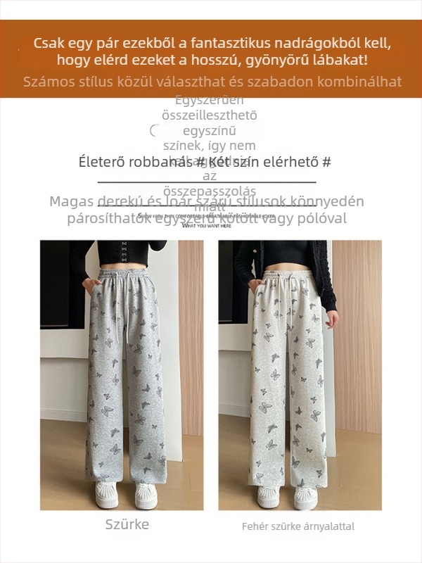 Casual nadrág – magas derék, egyenes szárú, hosszú, pillangó csomó mintás virágos (50-70% viszkóz; spandex)