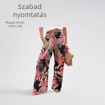 Női nyári nadrág, magas derékú, mintás, laza szabású, széles szárú, poliészter-elasztán