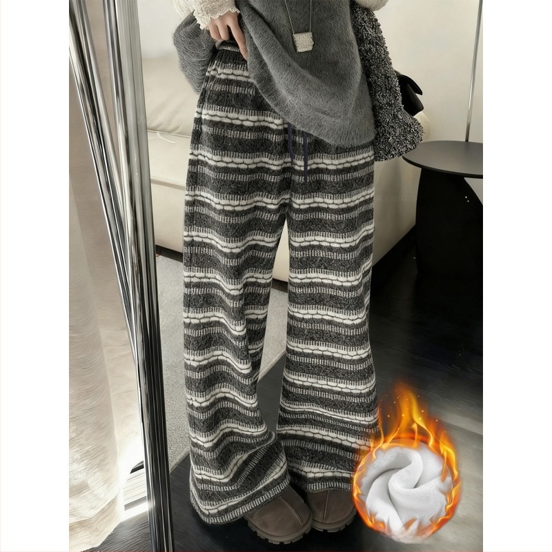 Szürke Fair Isle hímzett széles szárú nadrág nőknek, magas derék, tél 2025, poliészter-spandex, csíkos