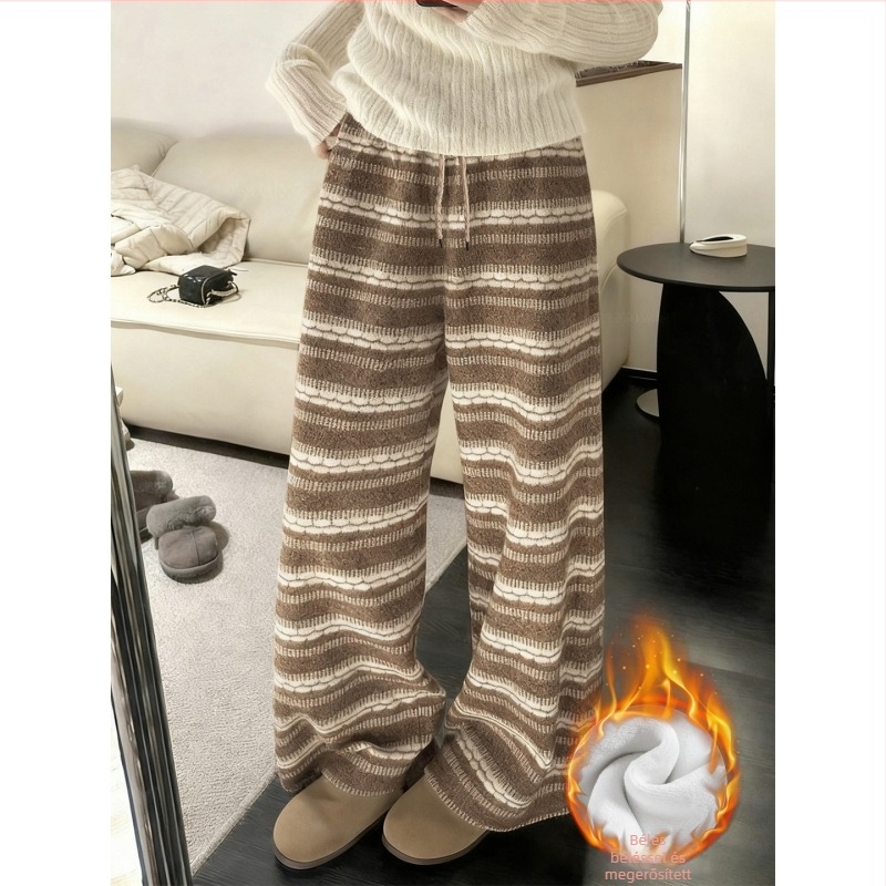 Szürke Fair Isle hímzett széles szárú nadrág nőknek, magas derék, tél 2025, poliészter-spandex, csíkos