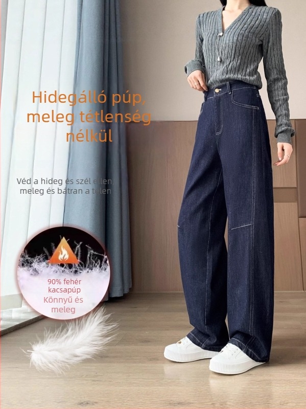 Női tollas nadrág téli viselet, vastag, egyenes szabás, magas derekú, tolltöltet fehér kacsa toll 80–90%