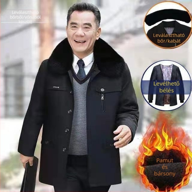 Férfi téli pamut bélelt kabát levehető béléssel, extra vastag töltéssel, hosszú ujjú, galléros, középhosszú