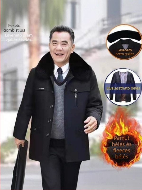 Téli férfi pamut bélelt kabát levehető ujakkal, extra vastag, gallér, laza szabás, középhosszú, elöl egyszárnyú zárás