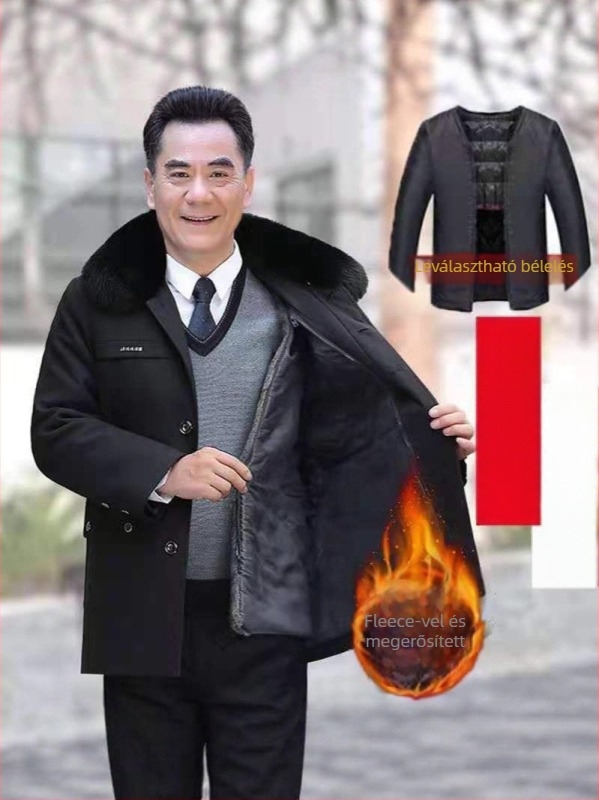 Időseknek szánt téli pamutban bélelt kabát, levehető ujjak, gallér, extra vastag, egysoros zárás, közepes-hosszú