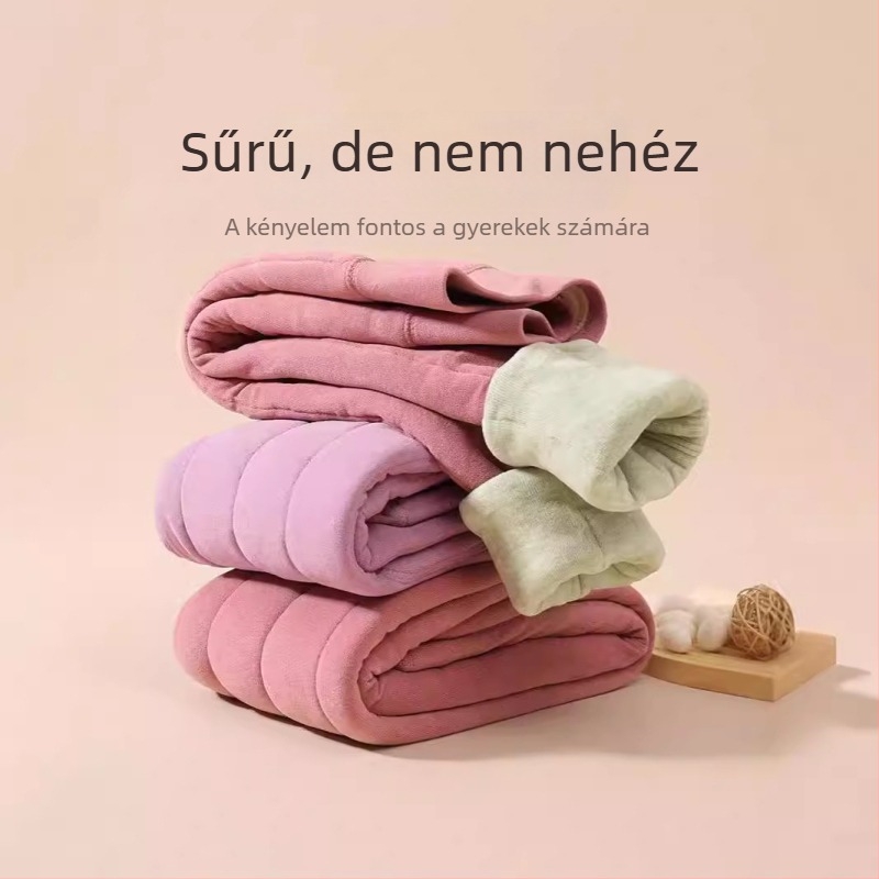Lányoknak szóló meleg pamutnadrág fleece-béléssel — 78% pamut, magas derék, téli szezon, 3–8 éveseknek