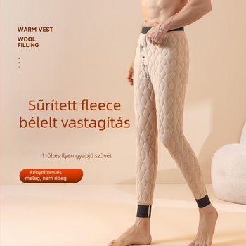Férfiaknak való gyapjú meleg nadrág fleece béléssel, magas derekú, három rétegű, különösen vastag