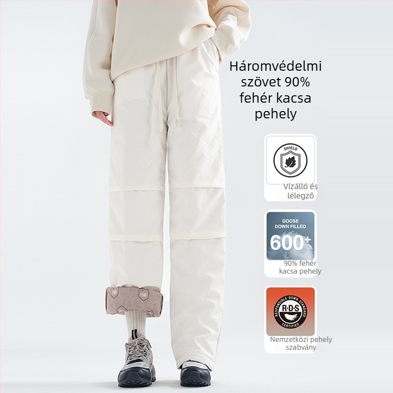 Női téli pehely nadrág, egyenes szabású, magas derékkal, 80–90% kacsa toll töltés, fő anyag poliészter 95%+ (Téli modell 2025)
