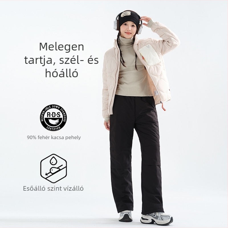 Női téli pehely nadrág, egyenes szabású, magas derékkal, 80–90% kacsa toll töltés, fő anyag poliészter 95%+ (Téli modell 2025)