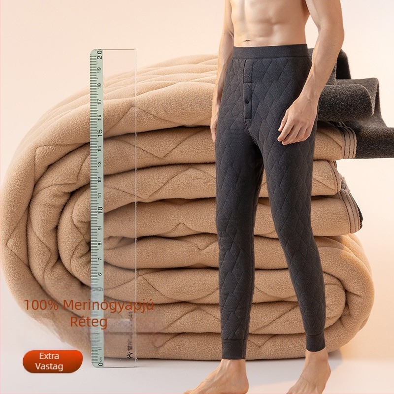 Férfi gyapjú meleg nadrág fleece-béléssel, háromrétegű, magas derekú téli nadrág