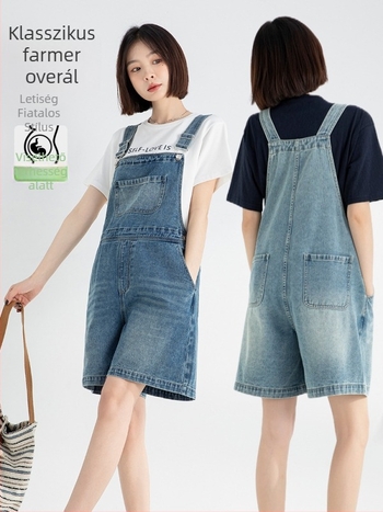 Kismama denim overál, koreai stílus, lazán szabott, öt hosszú szárú nadrág, pamut 70–80%, nyár 2025