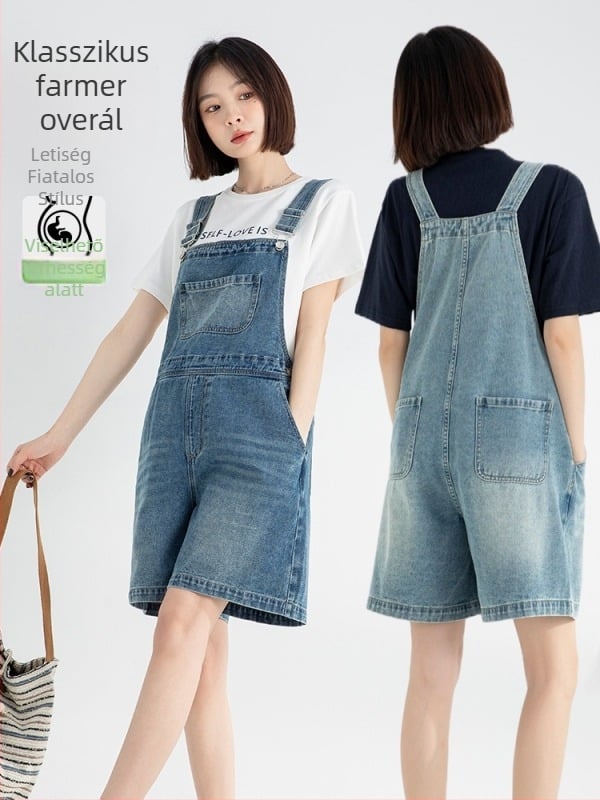 Kismama denim overál, koreai stílus, lazán szabott, öt hosszú szárú nadrág, pamut 70–80%, nyár 2025