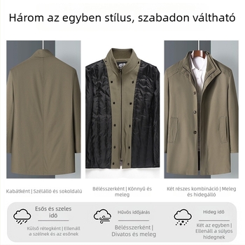 Férfi pamutkabát középtávú hosszúságú, nylon bélés, lapos gallér, cipzáras záródás, vastag anyag