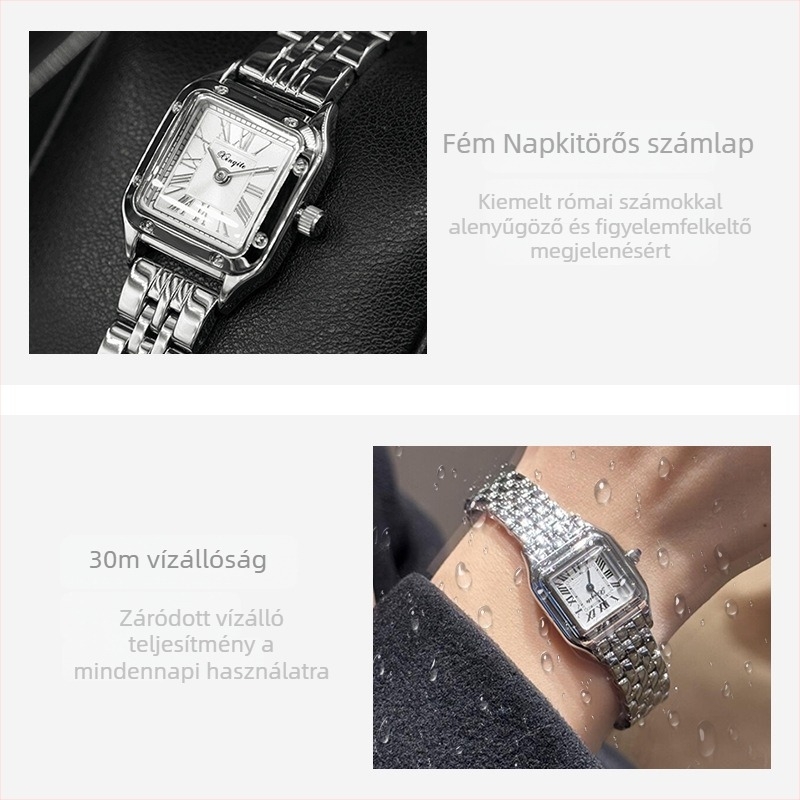 Női négyzet alakú karóra kvarcos szerkezettel, modell T002, tárcsa átmérője 22 mm, vastagsága 7 mm, vízállóság 30 m