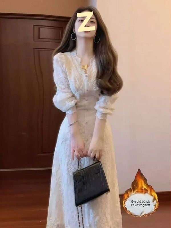 Csipke hímzéses ruha velúr béléssel, félhosszú, V-nyakú, hosszú ujjú, irodalmi retro stílusú, tavasz 2025