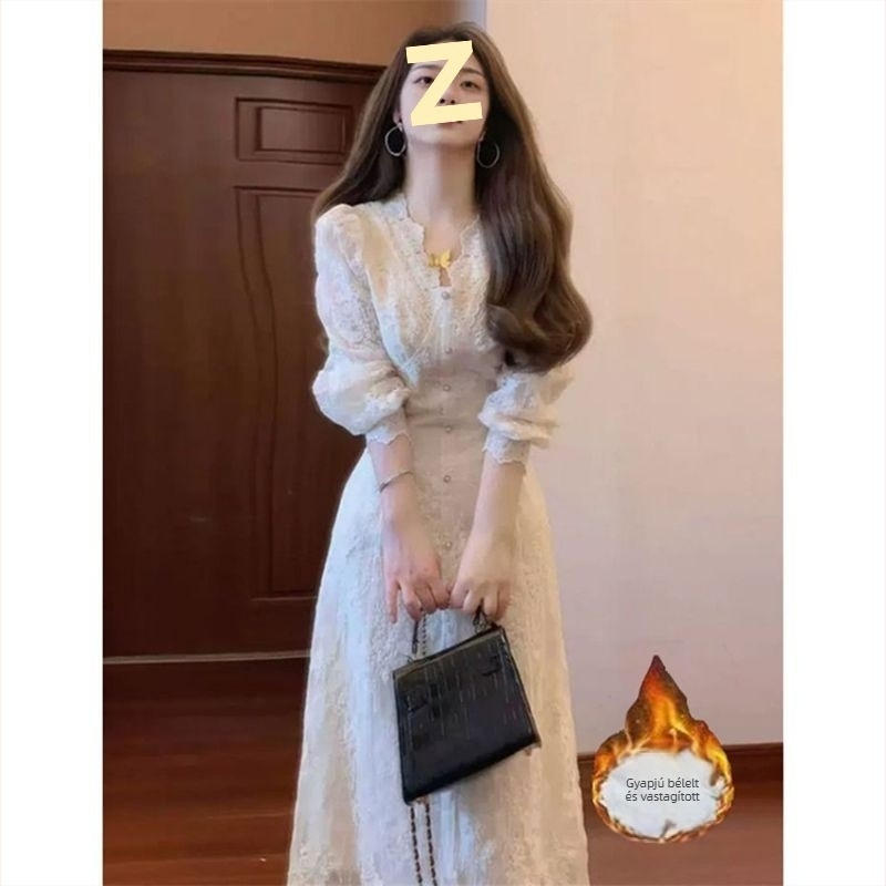 Csipke hímzéses ruha velúr béléssel, félhosszú, V-nyakú, hosszú ujjú, irodalmi retro stílusú, tavasz 2025