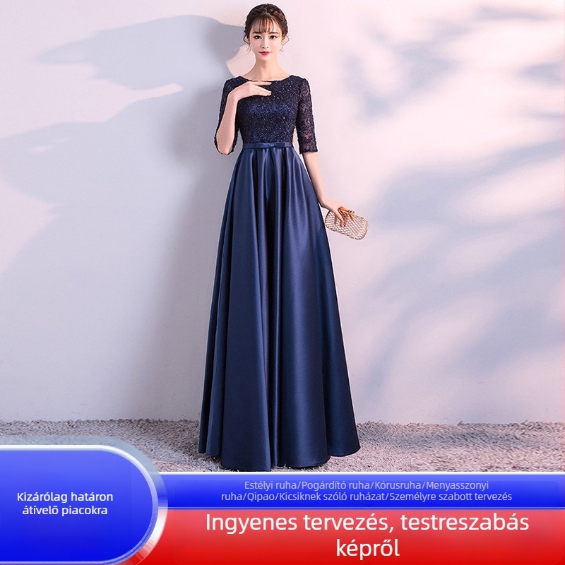 Poliészter hosszú estélyi ruha U-nyakkal, középső derékvonal, 3/4-es ujjak, partikhoz